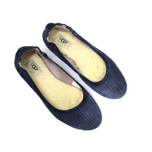 UGG Australia Navy Suede Shearling Lined Flats Perforated Ballet Slippers Sz 8.5